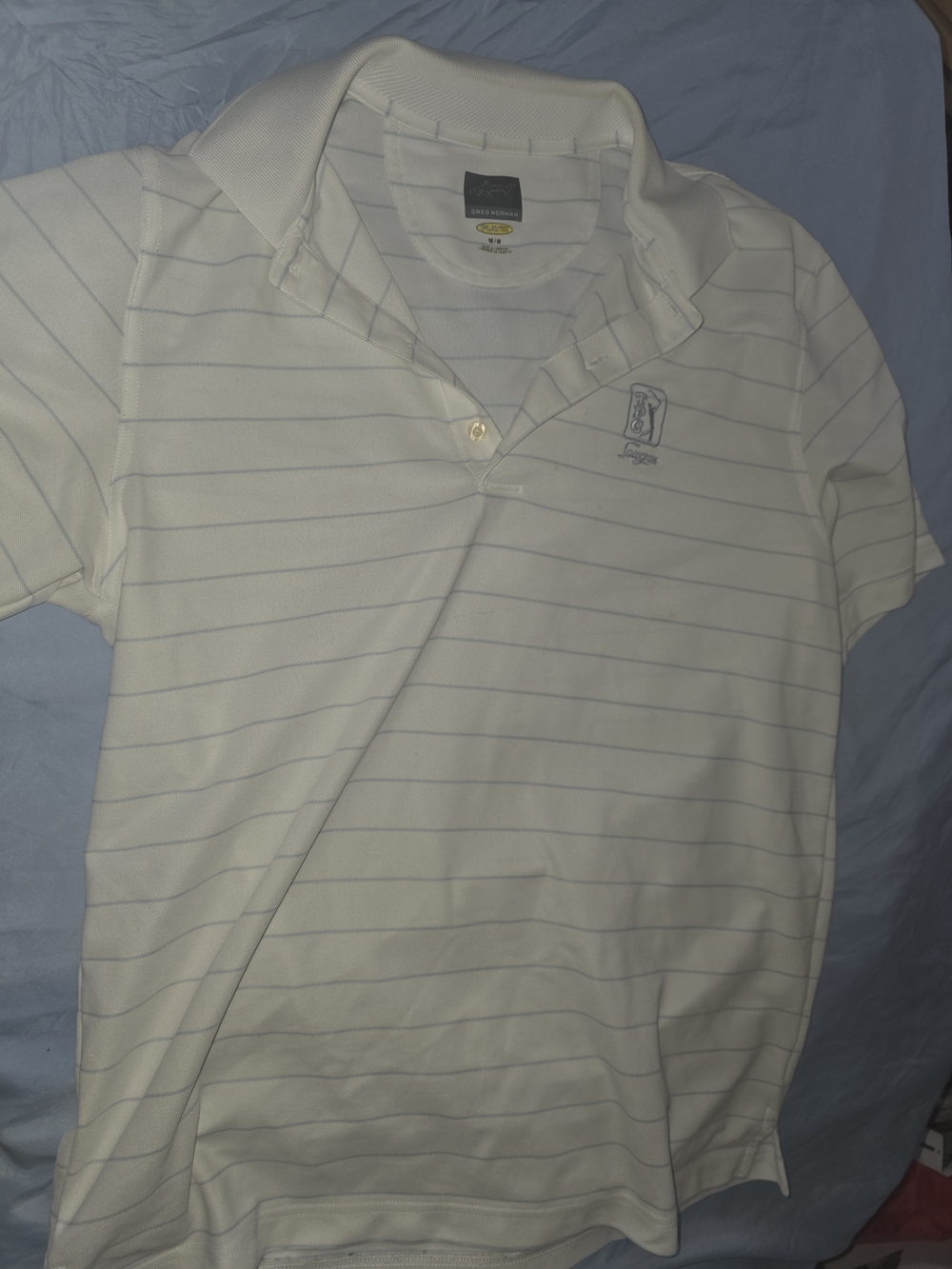 Greg Norman Collection White Polo with Light Blue Stripes